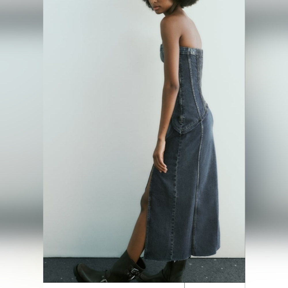 Zara Strapless Dark Gray Denim Midi Dress - Picture 3 of 12
